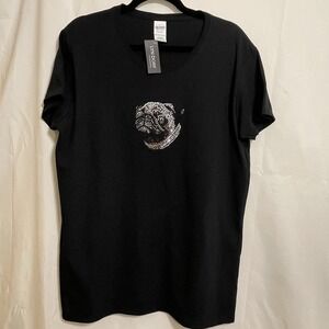 Black Sequin Pug Dog T Shirt Women's Size XL Gildan Cotton NEW WITH TAGS